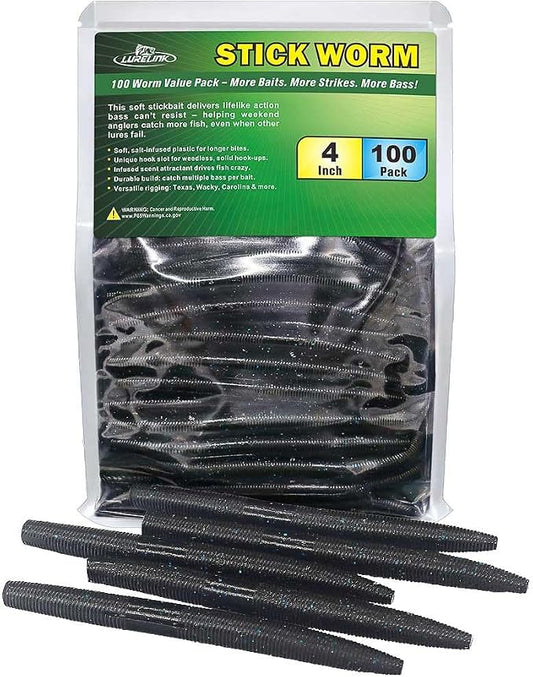 Wacky Worms Soft Plastic for Bass Fishing Lures–100 Pack 4" & 5" Stick Baits Wacky, Texas, Neko & Drop Shot Rigs–Bulk Soft Lure