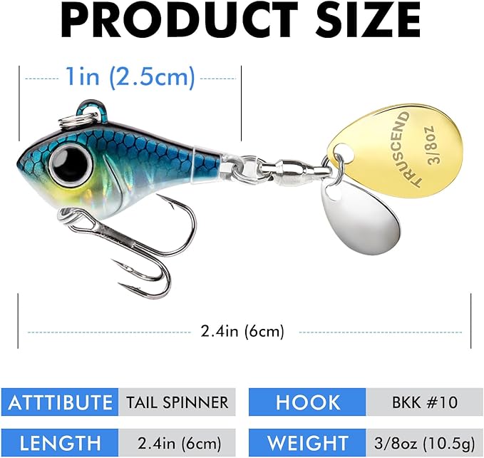 TRUSCEND Vibespinner Easy Catch Fishing Lures with BKK Hooks, Tail Spinner Baits with 4 Actions, Vibrating Swimming Flashing & Jigging for More Bites, Spoon Lures for Bass Trout Crappie Walleye Pike