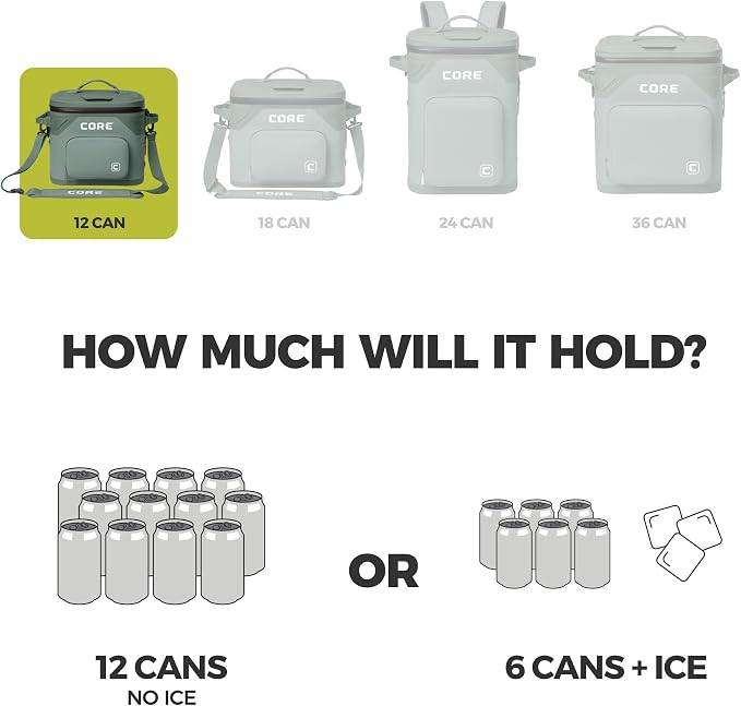 CORE Magnetic Leak Proof Soft Cooler with Waterproof Zipper | Insulated Bag Portable Ice Chest Box | Best Soft Cooler for Food & Beverages for Tailgating, Car Camping, Travel, and Family Beach Picnics