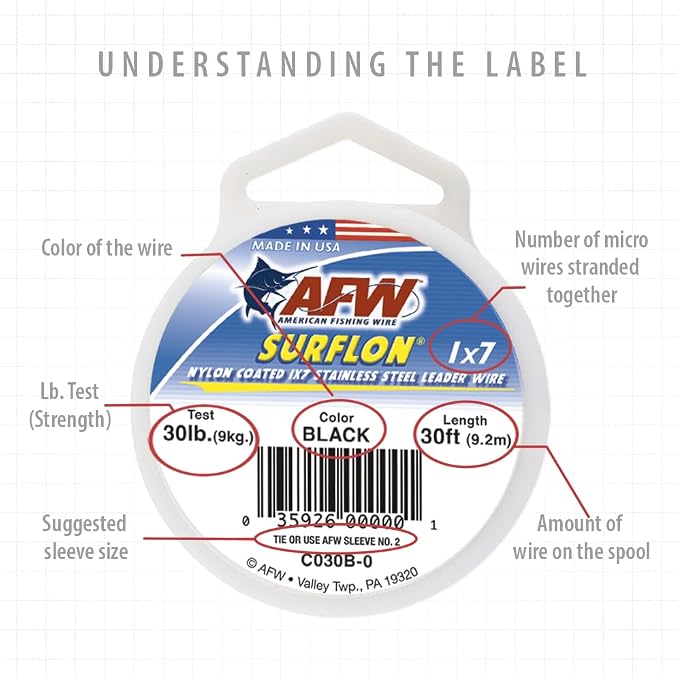 American Fishing Wire Surflon Nylon Coated 1x7 Stainless Steel Wire Leader - Wire Fishing Leader Line for Saltwater 10lb Up To 250lb Test in Bright, Black, Camo in 30ft, 100ft, 300ft, & 1000ft Lengths