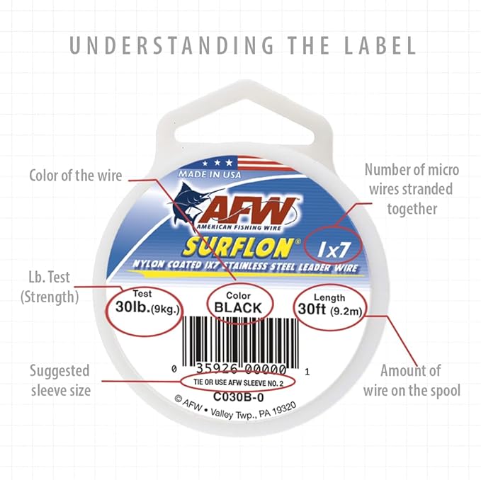 American Fishing Wire Surflon Nylon Coated 1x7 Stainless Steel Wire Leader - Wire Fishing Leader Line for Saltwater 10lb Up To 250lb Test in Bright, Black, Camo in 30ft, 100ft, 300ft, & 1000ft Lengths