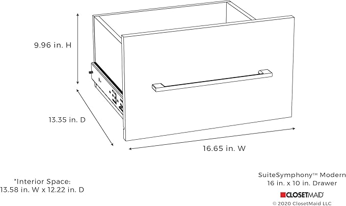 ClosetMaid SuiteSymphony Wood Closet Drawer, Add On Accessory, Modern Style, For Storage, Closet, Clothes, 16” x 10” Size for 16 in. Units, Pure White/Satin Nickel