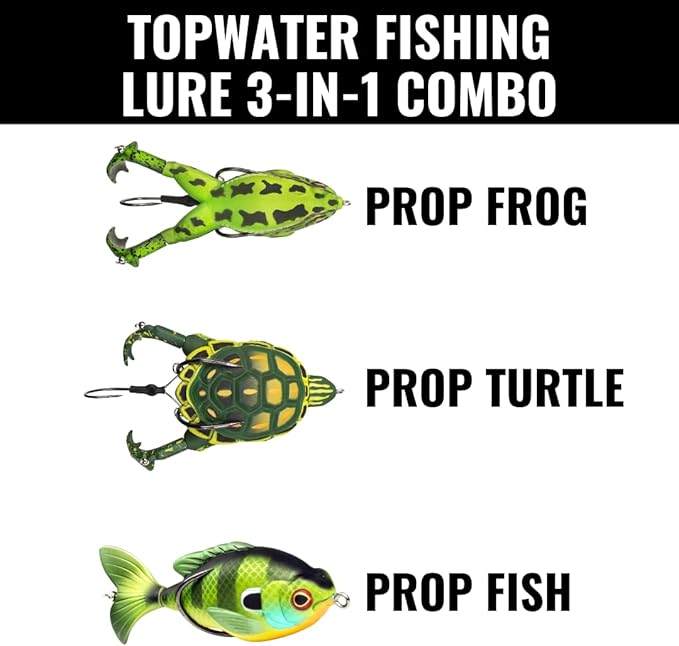 LUNKERHUNT Topwater Fishing Lures Kit (3-Pack) for Bass, Trout | 1 Turtle Lure, 1 Frog Lure, 1 Sunfish Prop Lure | Freshwater Fishing Bait for Pike, Soft Hollow Body, Weedless Hooks