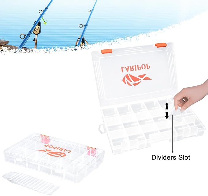 LARIPOP 2-Pack 3600 Fishing Tackle Boxes, Clear Plastic Storage Trays with Adjustable Dividers, Organizer for Lures, Hooks, Sinkers, Jigs & Fishing Accessories