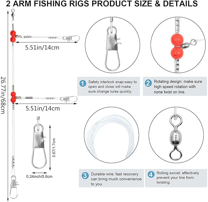 YOTO Fishing Leaders,Saltwater Tackle Rig with Swivels Snap, High-Strength Fishing Wire Gear Equipment for Lures Bait Or Hooks,1Arm and 2Arm