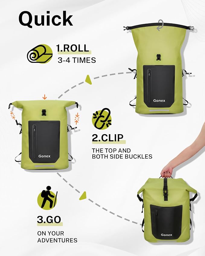 Gonex Ultralight Waterproof TPU Backpack, 35L Roll Top Dry Bag with Comfortable Padded Back Panel for Kayaking Boating Camping Fishing Travel,Green
