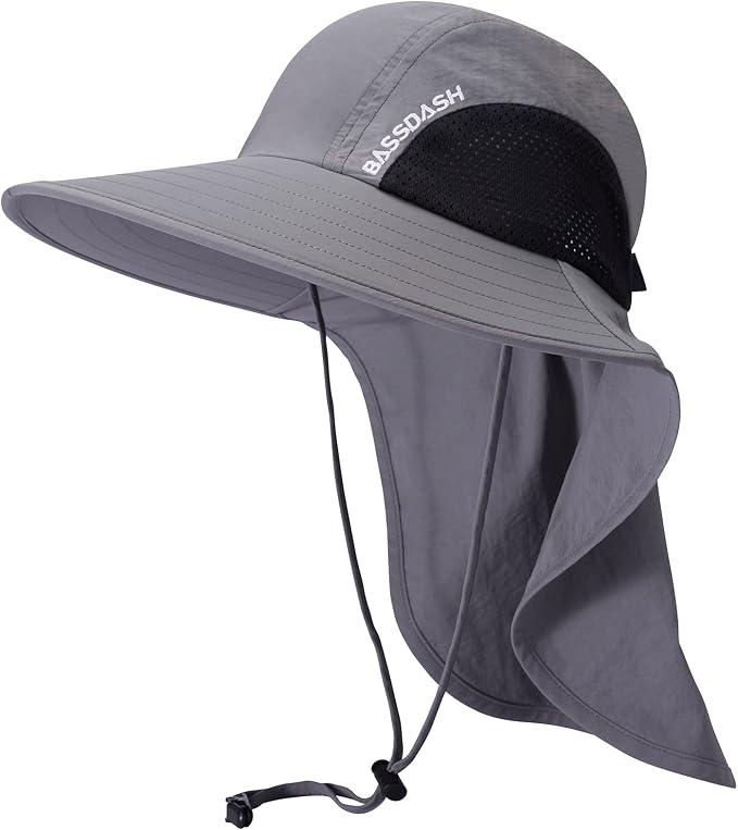 BASSDASH UPF 50+ Unisex Water Resistant Wide Brim Sun Hat with Large Neck Flap Ponytail Fishing Hat for Men Women