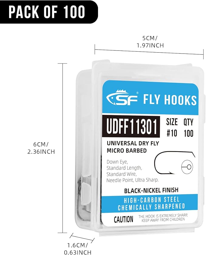 SF Fly Tying Hooks Ultra Sharp High Carbon Steel for Nymphs Wet Traditional Dry Streamers Eggs Jig Poppers Emergers Terrestrial Flies with Mini Box 100Pcs