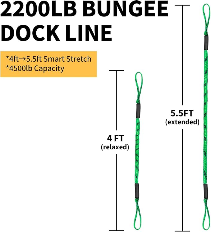 2-Pack Bungee Dock Lines for Boats with Loops, Boat Tie Downs for Docking, Adjustable Boat Mooring Rope for Pontoon, Jon Boat & PWC (Green & Black, 4 FT)