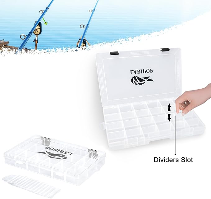 LARIPOP 2-Pack 3700 Fishing Tackle Boxes, Clear Plastic Storage Trays with Adjustable Dividers, Organizer for Lures, Hooks, Sinkers, Jigs & Fishing Accessories