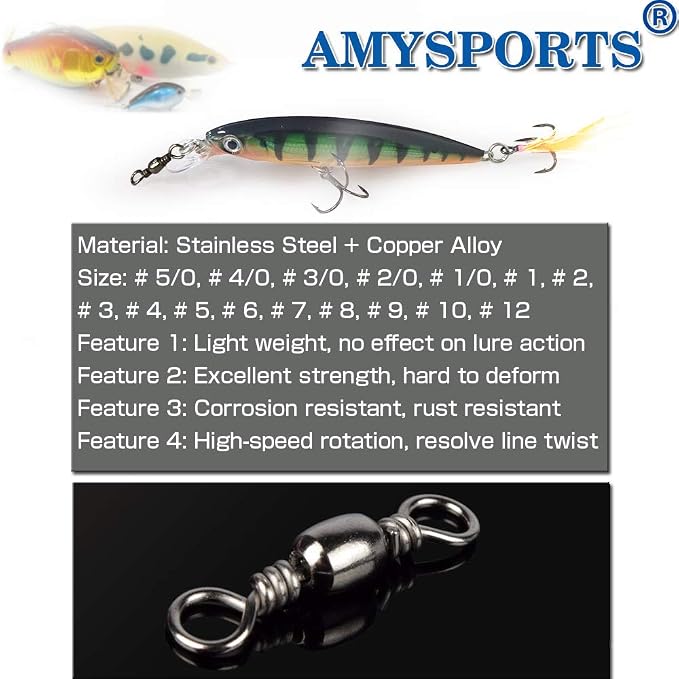 AMYSPORTS High Strength Fishing Swivels Barrel Solid Ring Barrel Fishing Swivel Rolling Fishing Tackle Line Connector Saltwater Freshwater Stainless Steel Accessories