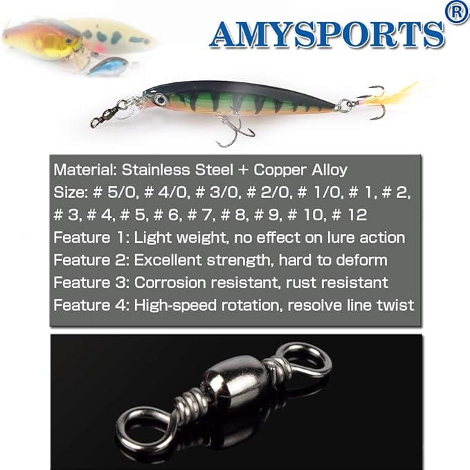 AMYSPORTS High Strength Fishing Swivels Barrel Solid Ring Barrel Fishing Swivel Rolling Fishing Tackle Line Connector Saltwater Freshwater Stainless Steel Accessories