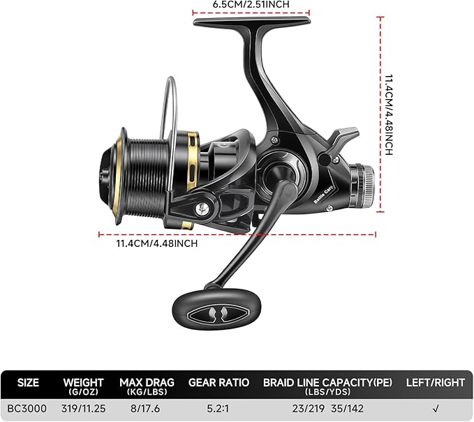 HAUT TON Battle Carp Fishing Reel, 4+1 BB Carbon Fiber Drag Spinning Reels for Saltwater Freshwater Fishing, 26.5 Lbs Powerful Max Drag Baitfeeder Fishing Reels