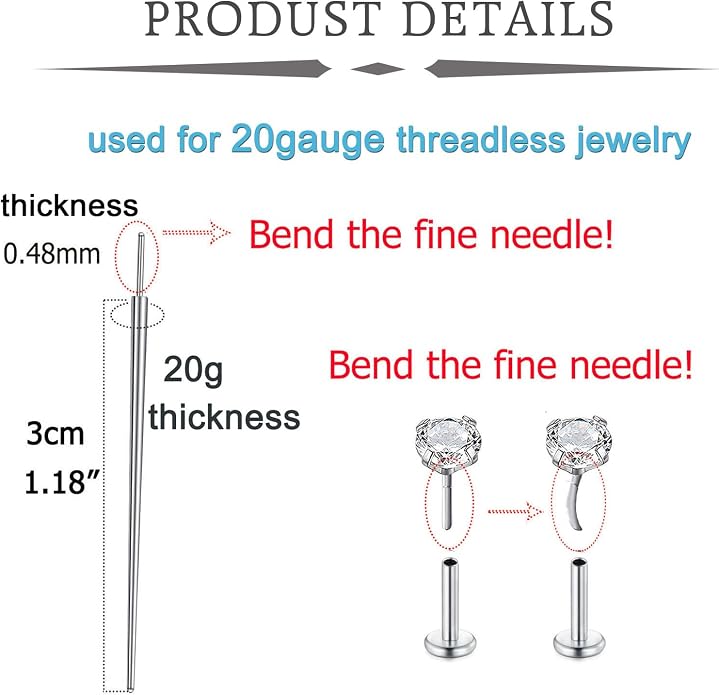 QWALIT Piercing Taper Threadless Insertion Tool - Titanium Labret Pin 16g, 18g, 20g