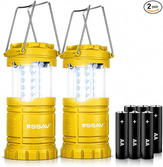 SSAV LED Camping Lantern, Emergency Lanterns for Power Outages & Hurricane Preparedness, Collapsible Portable Survival Lights for Camping, Storms & Emergencies, Batteries Included (2, Yellow)