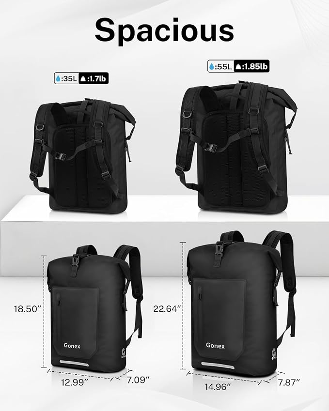 Gonex Ultralight Waterproof TPU Backpack, 35L Roll Top Dry Bag with Comfortable Padded Back Panel for Kayaking Boating Camping Fishing Travel,Black