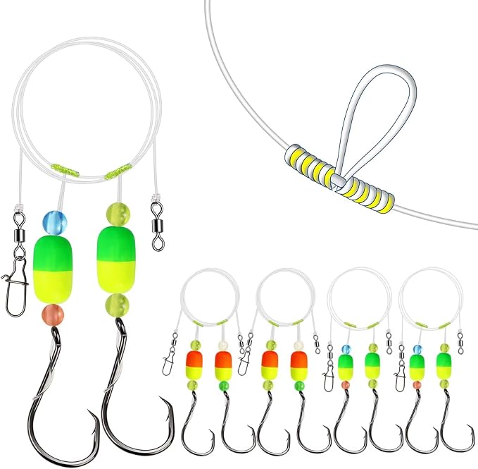 Dovesun 10PCS/4PCS Pompano Rigs for Surf Fishing Saltwater Fishing Rigs with Floats and Beads Unique Double-Line T-Knot Pre-Rigged Surf Fishing Gear & Tackle with Circle Hooks