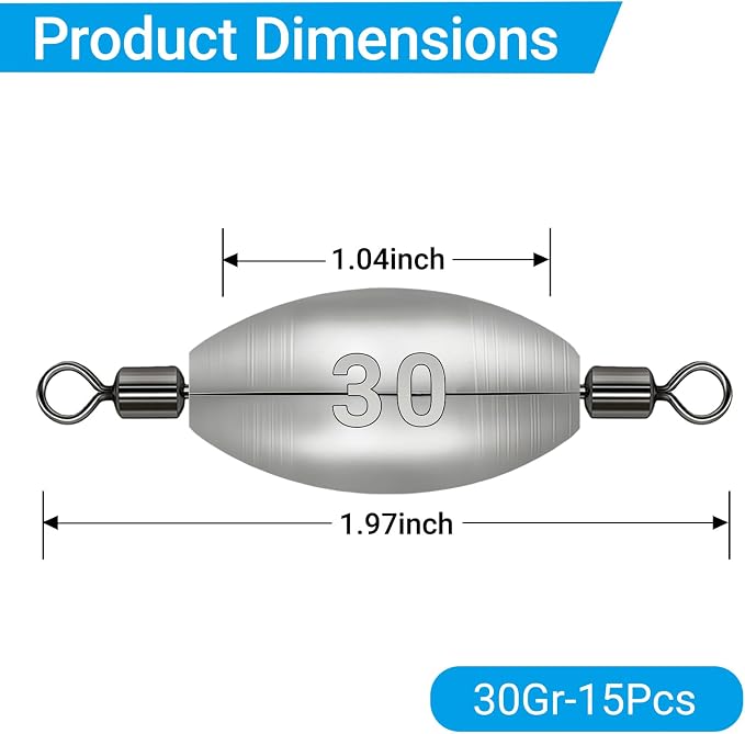 Polsefve Inline Trolling Fishing Weights with Inner Swivels, Oval Drop Casting Sinkers Lead Sinker Tackle for Catfish Bass Saltwater & Freshwater Bottom Fish(10g/15g/20g/30g/40g/60g)