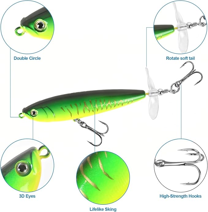 Whopper Fishing Lure for Bass：Popper Top Water Fishing Lures with Floating Rotating Tail Barb Treble Hooks Saltwater Freshwater Plopping Lures Kit