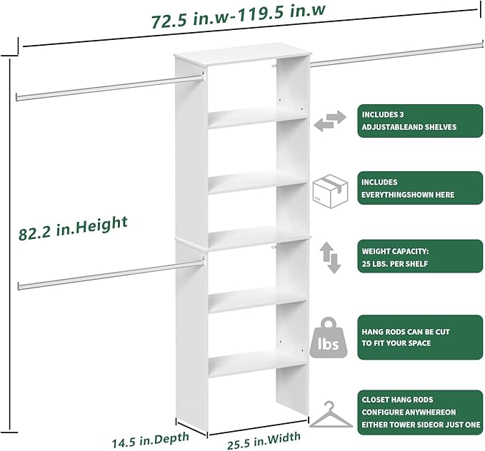ROOMTEC Closet System, 25.5" Wide Wall-Mounted Closet Organizer Kit with Wood Storage Tower and 3 Hanging Rods, Wardrobe Closet System for Walk-In Closets, White
