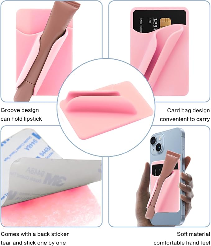 2 Pack Lip Gloss Holder Phone Case,Silicone Lip Gloss Holder with Card Holder,with Back Adhesive, Soft and Easy to Clean, Stylish and Eye-Catching, for Most Phone Models（Black,Pink）