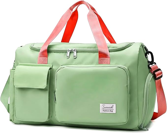 Suruid Travel Duffel Bag with Shoes Compartment Sports Gym Bag with Dry Wet Separated Pocket for Men and Women, Overnight Bag Weekender Bag Training Handbag Yoga Bag - Bright Green Pink