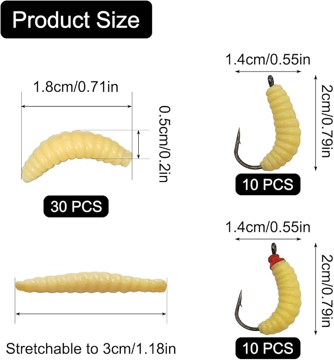 Rubber Maggots Fishing Bait, 20 Pcs Fishing Baits with Hooks + 30 Pcs Soft Maggot Bait Bread Worm, Fish Lures Worms Bulk FishGrubs for Trout, Crappie, Pan Fish, Bluegill, 50 Pack