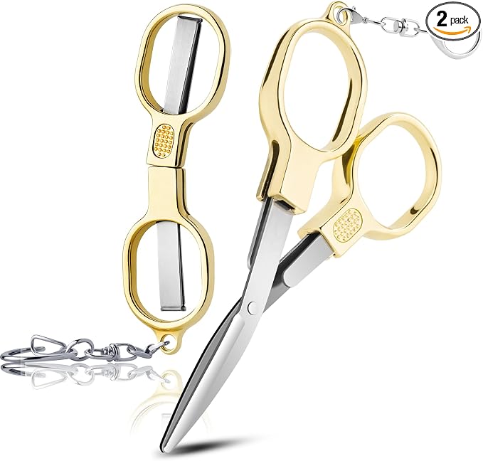 2 Pcs Folding Stainless Steel Portable Mini Small Travel Scissors, Safety Foldable Pocket Badge Nursing Scissors with 2 Keychain for Travel, Home, Office, Craft, Sewing (Gold)