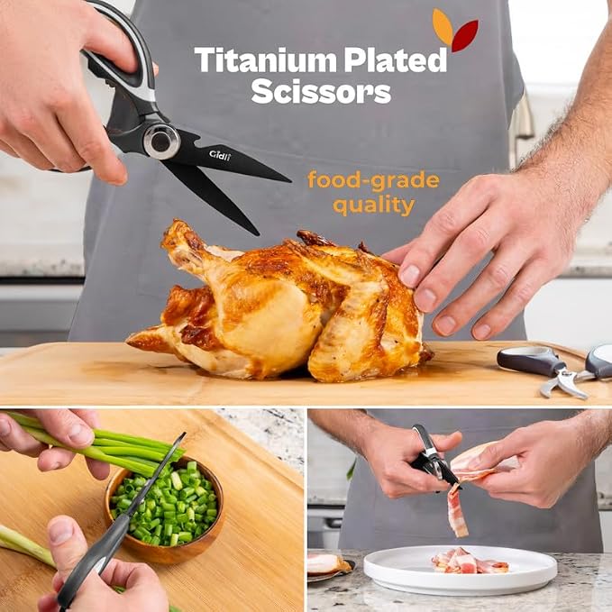 Titanium Coated Kitchen Scissors 2-Piece Set by Gidli - Liftime Replacement Warranty* - Heavy Duty Kitchen Shears for Meat and Food Prep - Includes Bonus 7" Seafood Scissors with Ergonomic Grip