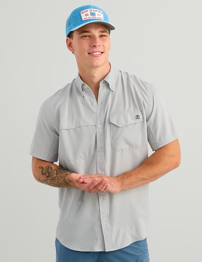 HUK Men's Tide Point Kc Scott Original Artwork Short Sleeve Shirt, Fishing Button Down