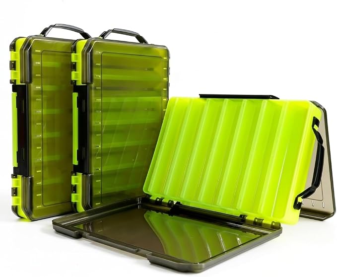 Fishing Tackle Boxes Lure Organizer: 2 Packs Hard Bait Storage Box - Double Sided Fishing Lure Case with 14 Compartments Container (Chartreuse, L)