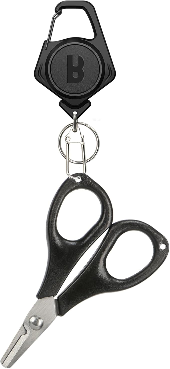 Booms Fishing Scissors for Braided Line: Braided Line Cutter with Zinger Retractor for Saltwater and Freshwater - Micro Serrated Shears Multi-Function Fishing Snips, S01 3.9" Black