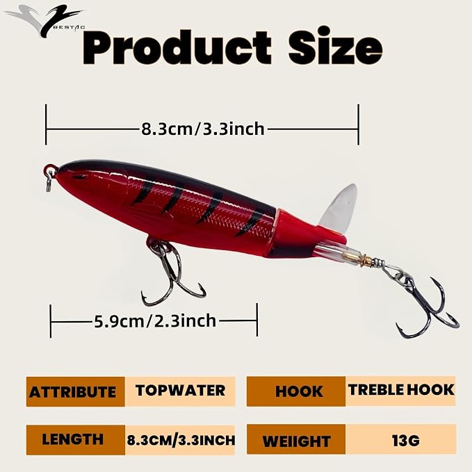 Bestac Topwater Fishing Lures Set Popper Lures for Bass Catfish Pike Perch Bass Lures with Floating Rotating Tail Artificial Hard Bait Multiple Colors
