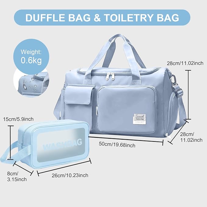 Suruid Gym Bag for Women Men, Travel Duffle Bag Large Capacity Carry On Weekender Bag With Shoe Compartment Gym Tote Dry Wet Separation Duffel Bag with Makeup Bag, Blue