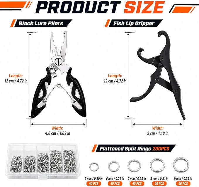 200PCS Fishing Split Rings Kit, Split Ring Pliers & 4.7'' Fish Lip Gripper, 5 Sizes Heavy Duty Stainless Steel Lure Hook Connectors, 30-120lb Tackle Assortment for Saltwater Freshwater Fishing