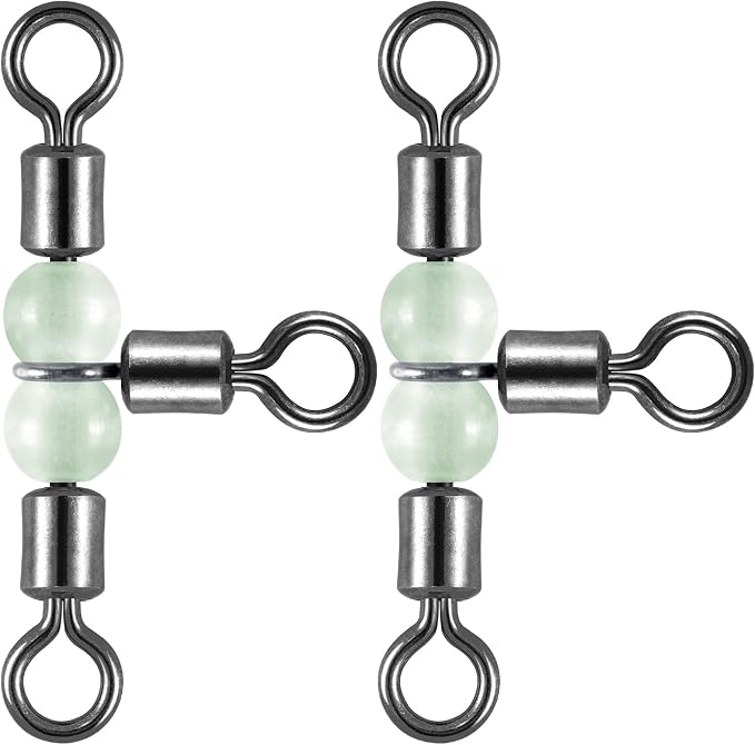 Dr.Fish 20 Pack 3-Way Fishing Swivels with Glow Beads Barrel Swivels Fishing Tackle T Shape Stainless Steel Three Way Catfish Rig