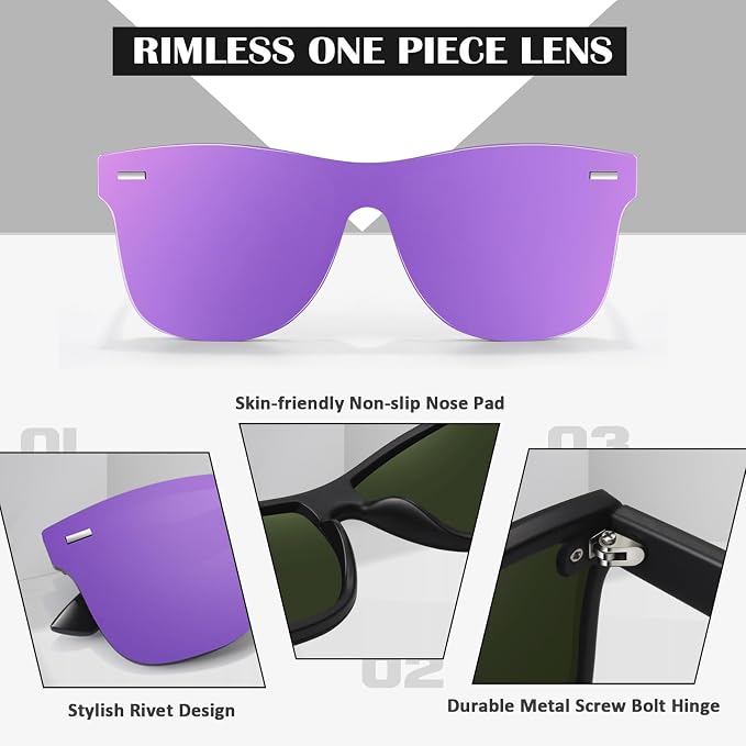 LINVO Trendy Polarized Mirrored Sunglasses Men Womens, Flat One Piece Reflective Shades for Driving Fishing UV400 Protection