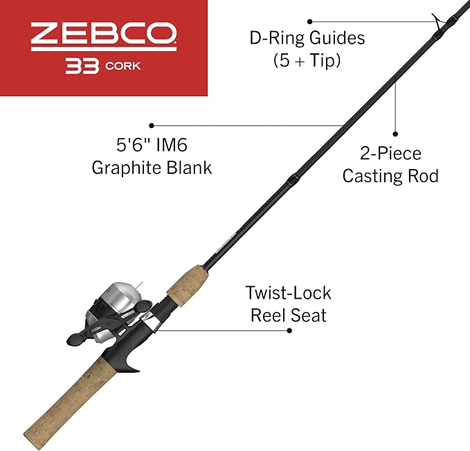 Zebco 33 Cork Reel and Fishing Rod Combo, Graphite Rod with Cork Handle, QuickSet Anti-Reverse Fishing Reel with Bite Alert