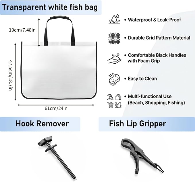 3-In-1 Fish Tote Fishing Tournament Weigh In Bag Fish Thick Durable Clear Poly Mesh Bag Leakproof Tear Resistant Tote 24'' x 18.5'', w/ 9" Floating Fish Lip Gripper & Hook Remover