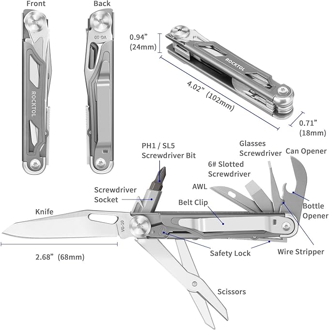 ROCKTOL Pocket Multitool ST02, VG-10 Blade, 12-in-1 Multi tool Knife,Titanium-Plated Handle,Pocket Clip,Large Scissors, Multi-tool for Camping, Hiking, Survival, EDC Gadget for Men