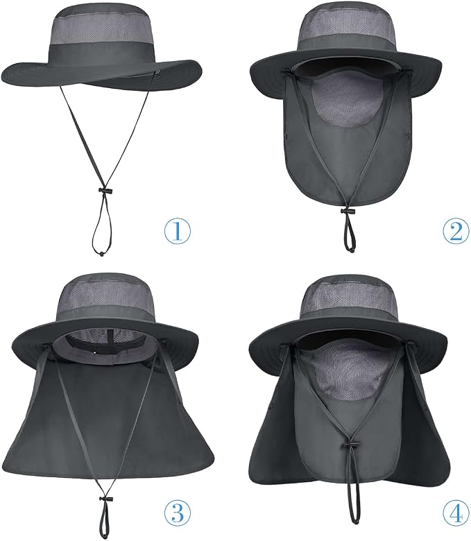 3 Pack Mens Outdoor Wide Brim Fishing Hat,UPF 50+ Sun Protection Cap with Face Neck Flap for Hiking & Garden