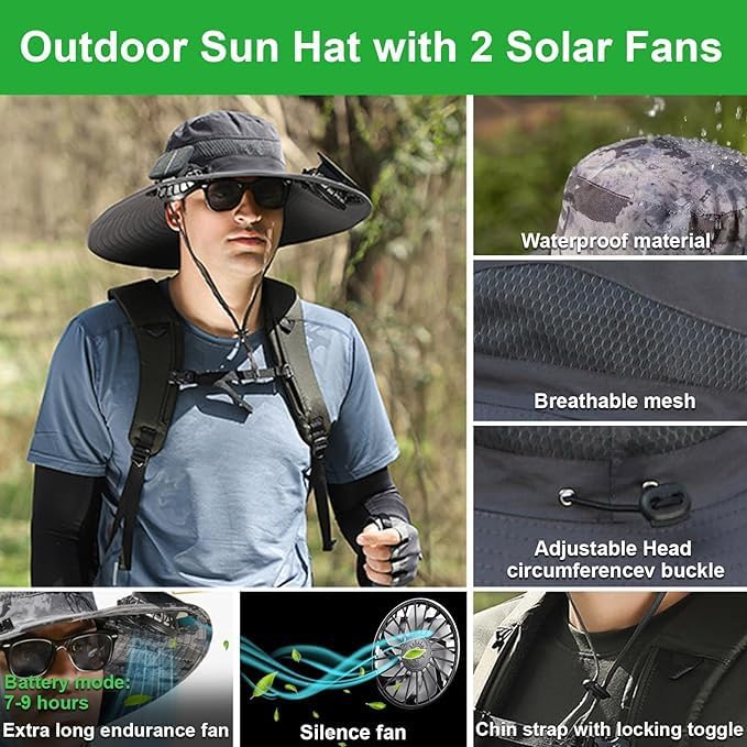 Fishing Hats with Sunglasses, Wide Brim Sun Hat with 2 Solar Fan, USB & Solar Powered Fishing Hats, Solar Fan Hats UPF 50+