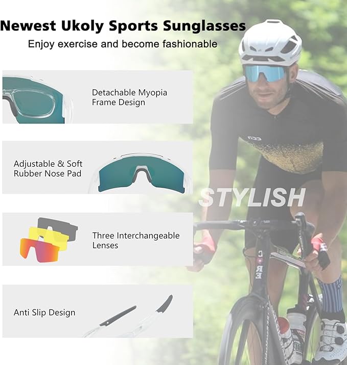 Ukoly Cycling Sunglasses for Men Women with 3 Interchangeable Lenses, Polarized Sports Sunglasses, Baseball Sunglasses