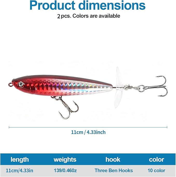 Whopper Fishing Lure for Bass：Popper Top Water Fishing Lures with Floating Rotating Tail Barb Treble Hooks Saltwater Freshwater Plopping Lures Kit