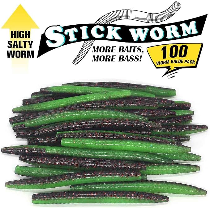 Wacky Worms Soft Plastic for Bass Fishing Lures–100 Pack 4" & 5" Stick Baits Wacky, Texas, Neko & Drop Shot Rigs–Bulk Soft Lure