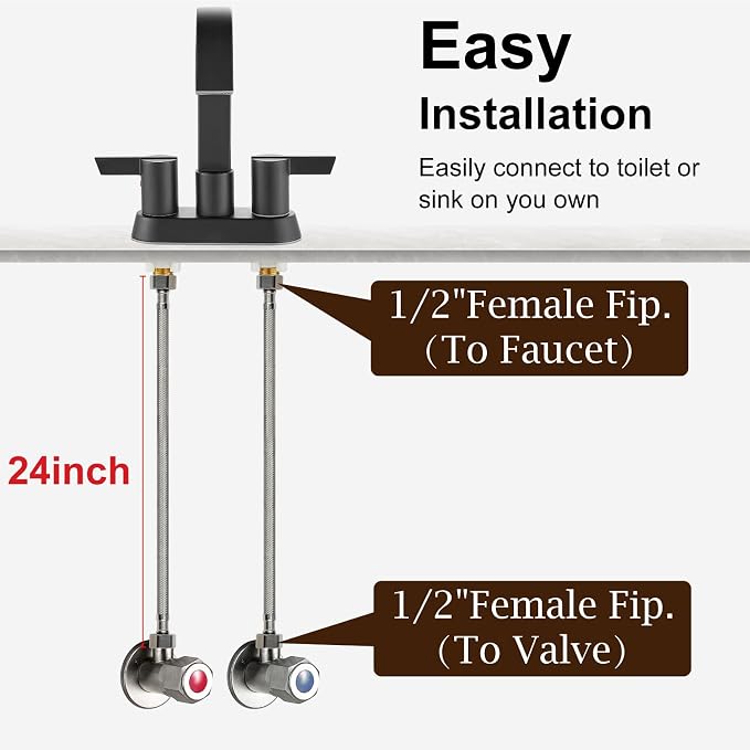 Midanya Faucet Supply Lines,24" Stainless Steel Braided Water Supply Line, 1/2" FIP x 1/2" FIP Faucet Hose, Faucet Hose Connector x 2 Pcs (1 Pair)