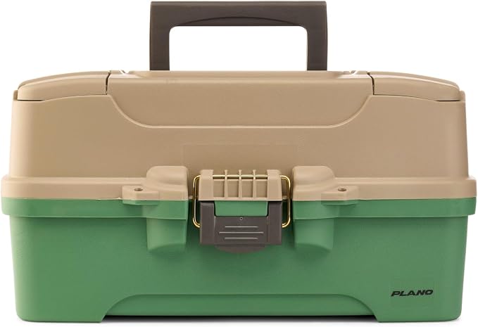 Plano Three-Tray Tackle Box Catfish Kit, Green/Tan, Rust-Proof Brass Latch, Top-Access Tray Compartments with Deep Storage, Made in the USA, Portable Fishing Gear Storage Organizer