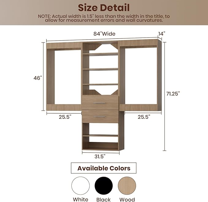 ROOMTEC Modular Closet System, 84" Wall Mounted Closet Organizer with Hanging Rods and Drawers, Wooden Tower for Walk-In Closets, Wardrobe Storage Kit, Wood