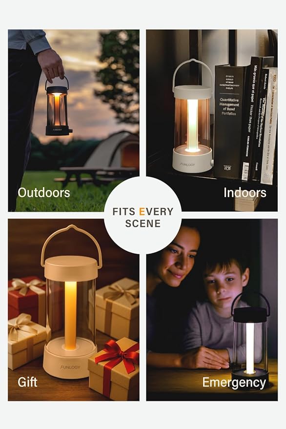 FUNLOGY Lantern - Rechargeable LED Camping Lantern, Vintage 360° Dimmable Light , 4000mAh Power Bank, High CRI 95, IPX4 Water-Resistant, Portable for Home, Emergency, Outdoor, White