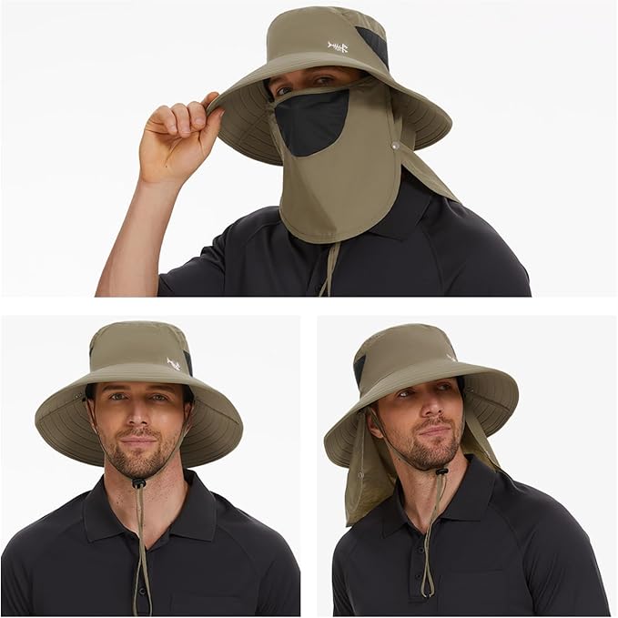 BASSDASH UPF 50+ Breathable Sun Hat with Removable Face Cover and Neck Flap Wide Brim Bucket Hat for Fishing Hiking Men Women